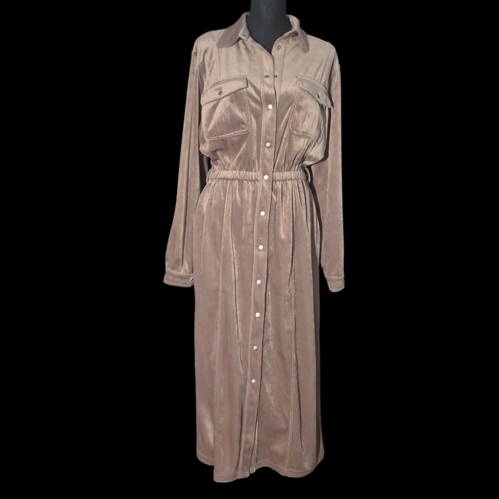 Vintage Together Taupe Velour Button Down Utility Maxi Dress w/ Pockets- Size 10